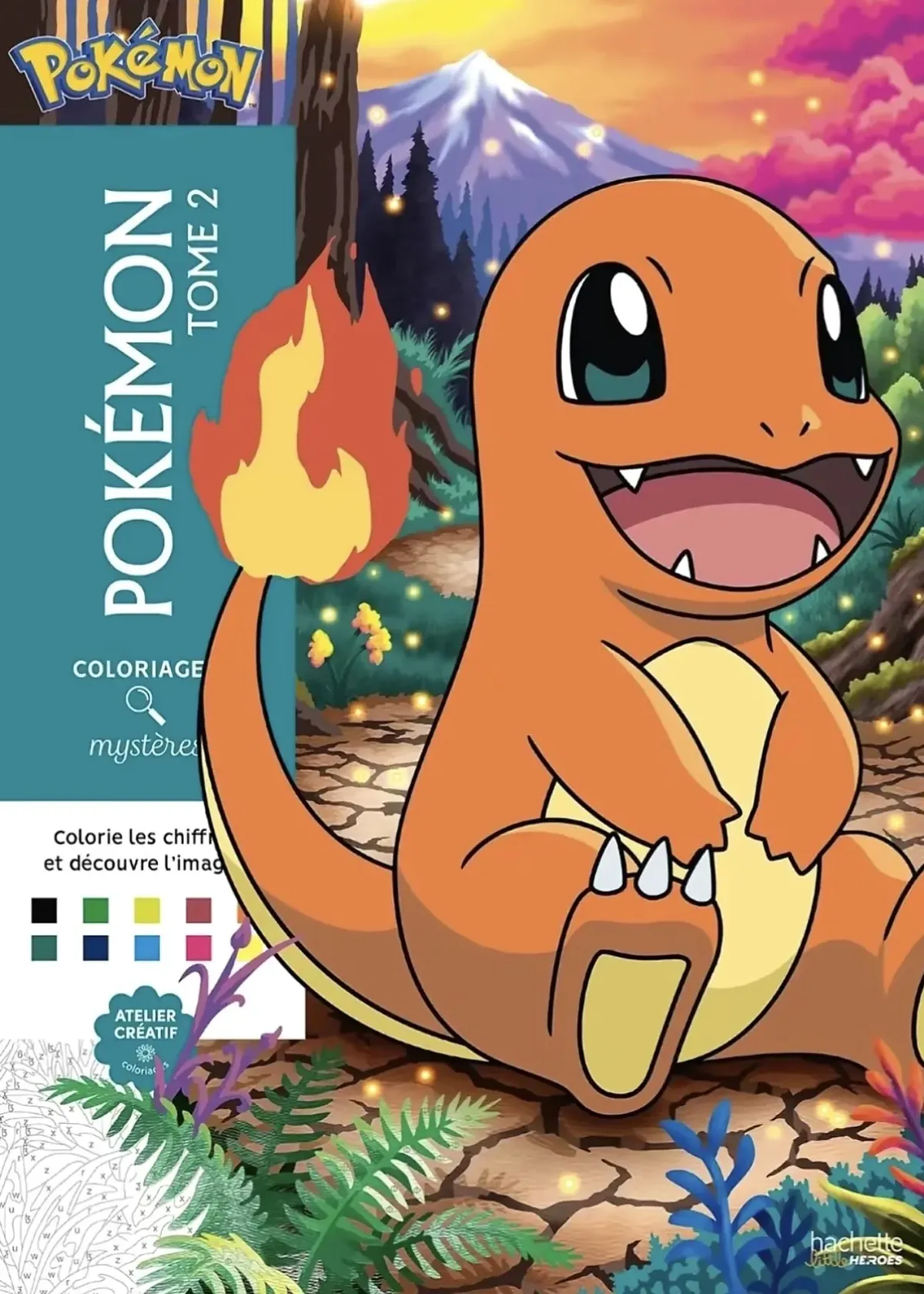 Pokémon Mystery Colouring Book Tome 2 cover featuring Charmander in a colourful forest with a mountain landscape and hidden colour-by-number artwork